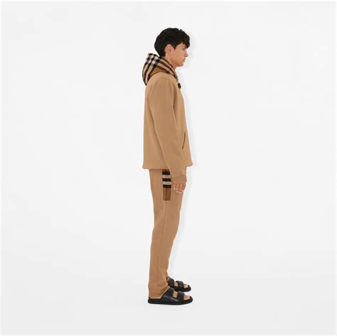 Check Panel Cotton Blend Jogging Pants in Camel 